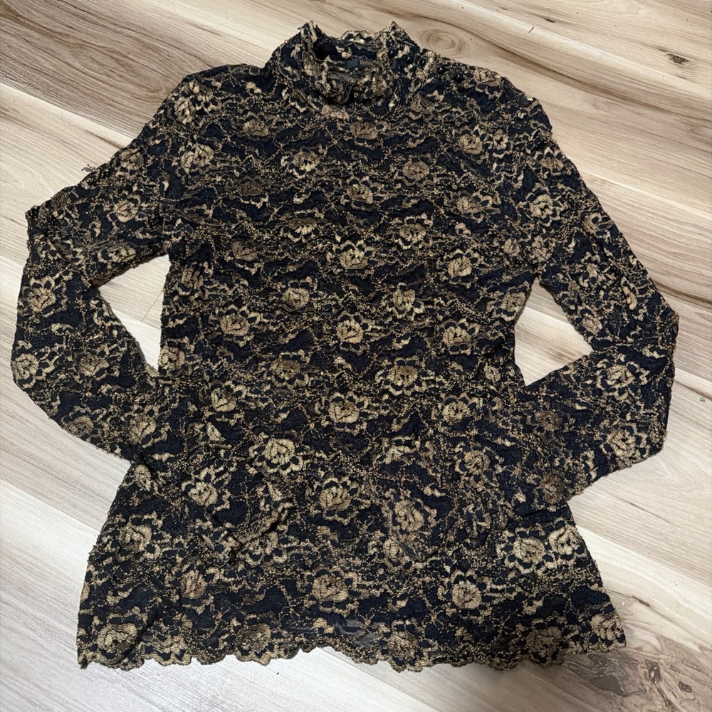 Reba Black and Gold Floral Lace Long-Sleeve Mock Neck Top